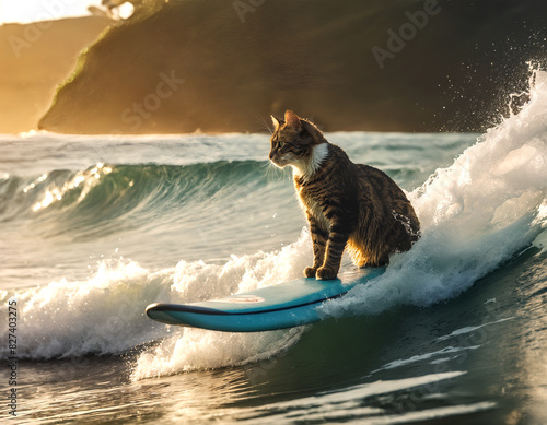 Fearless cat riding the waves on a blue surfboard. Summer vibes. Waves in mid-break. Whimsical ocean adventure.