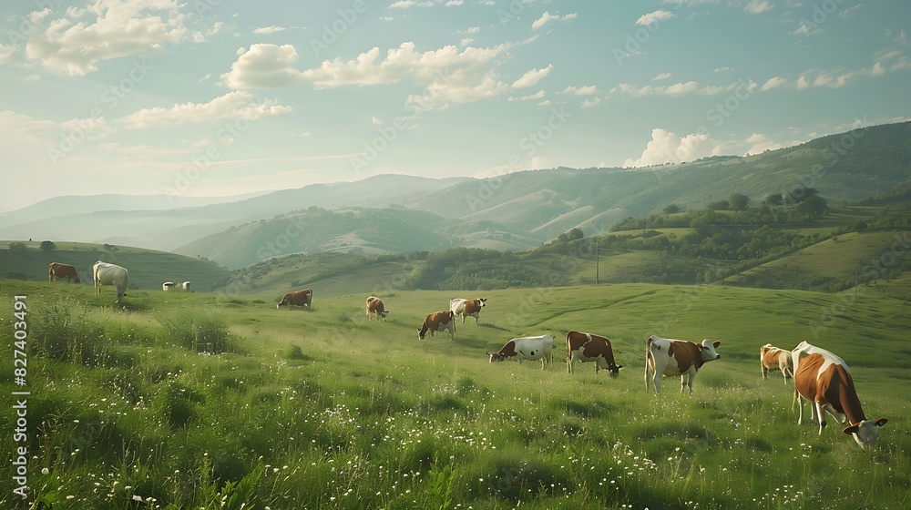 Serene Pastoral Scene: Tranquil Cows Grazing in Peaceful Meadows Under Soft Sunlight - Idyllic Countryside Harmony Captured in a Perfect Moment Serene Pastoral Scene: Tranquil Cows Grazing in Peaceful Meadows Under Soft Sunlight - Idyllic Countryside Harmony Captured in a Perfect Moment