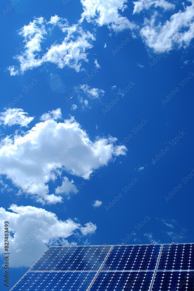 Panoramic view of solar panel against blue sky with ample copy space for text placement