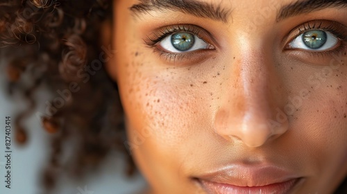 close-up of a woman's face, her features reflecting a mix of strength, determination, and grace