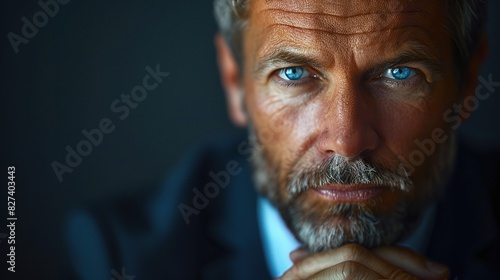 close-up portrait of a thoughtful business man, his furrowed brow and contemplative expression revealing his strategic thinking and decision-making prowess