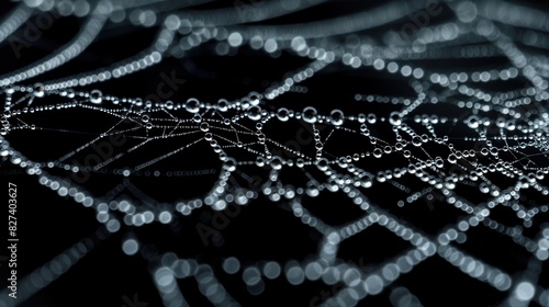close-up of a glistening spider web with water drops on a black background