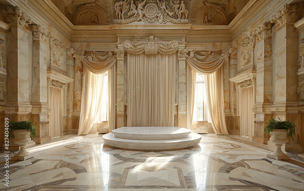 Elegant grand hall with luxurious marble interiors, draped curtains, intricate carvings, and a central stage illuminated by natural light. Elegant grand hall with luxurious marble interiors, draped curtains, intricate carvings, and a central stage illuminated by natural light.