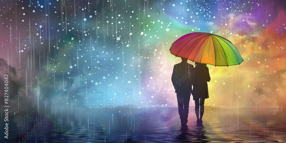 Rainbow Umbrella: A couple walking in the rain under a rainbow-colored umbrella, with pastel raindrops falling around them, creating a romantic and colorful scene