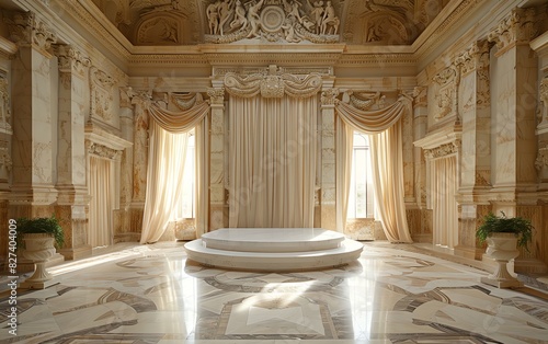 Elegant grand hall with luxurious marble interiors  draped curtains  intricate carvings  and a central stage illuminated by natural light.