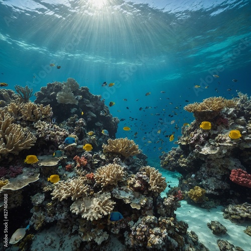 A turquoise ocean with a coral reef and tropical fish swimming. 