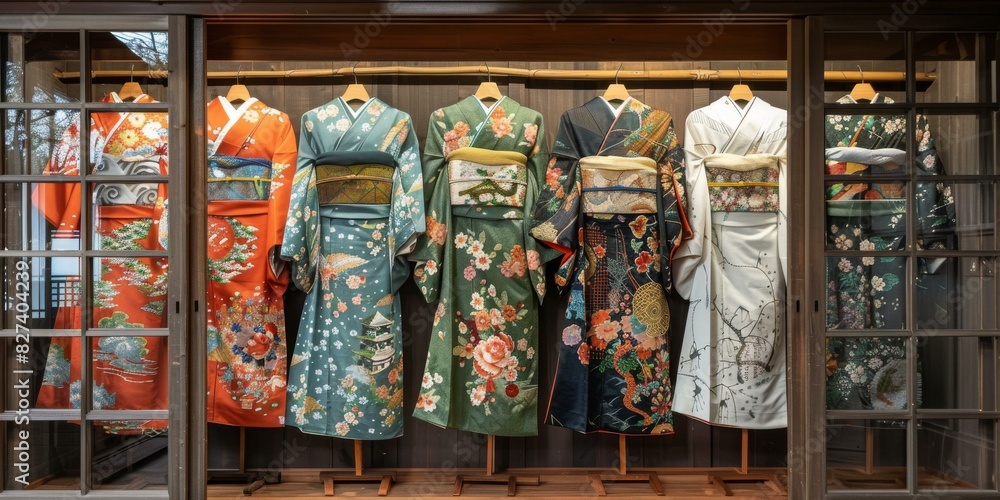 A variety of colorful kimono displayed in a traditional Japanese clothing store
