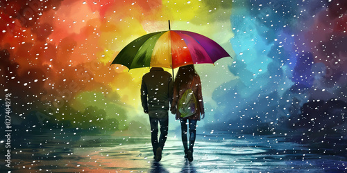 Rainbow Umbrella  A couple walking in the rain under a rainbow-colored umbrella  with pastel raindrops falling around them  creating a romantic and colorful scene