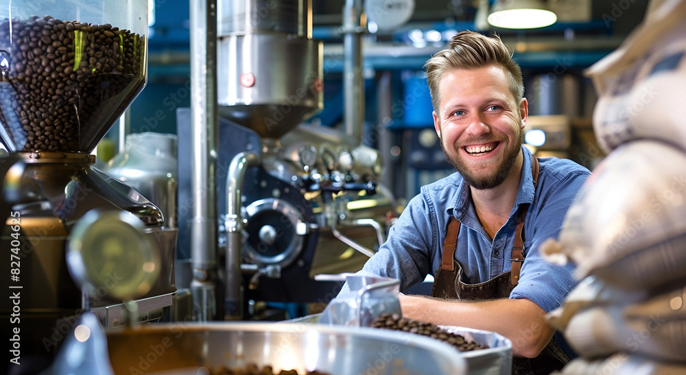 Barista roasting coffee beans at industrial machine Barista roasting coffee beans at industrial machine
