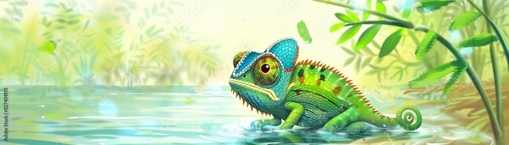 Fototapeta premium A chameleon blending seamlessly into its lush rainforest environment, natures camouflage - 4:3