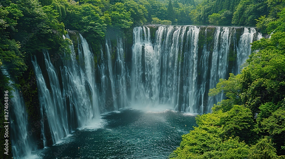 Naklejka premium A mesmerizing shot of a cascading waterfall surrounded by dense foliage, captured in striking 8K resolution. 