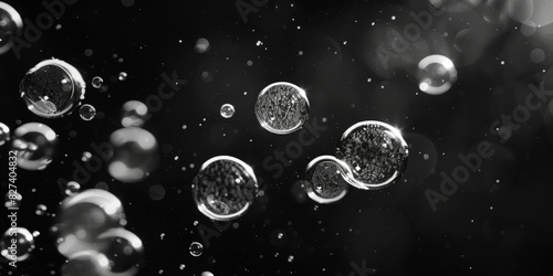 Water Bubbles in a Black Background,Bubbles rising through water with light reflections in a mesmerizing underwater scene 