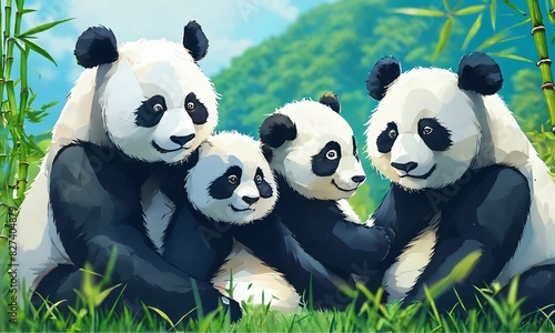 Panda family portrait in bamboo forest photo