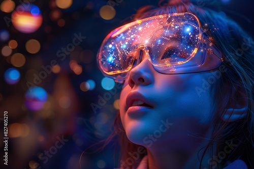 girl wearing hi-tech digital glasses looking away 