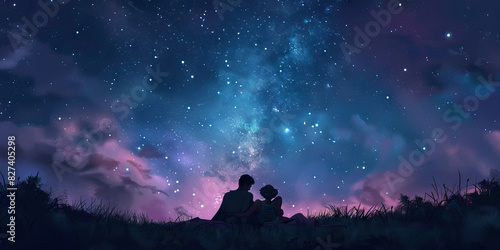 Stargazing: A couple lying on a blanket under the stars, with pastel hues of the night sky creating a dreamy backdrop for their moment together photo