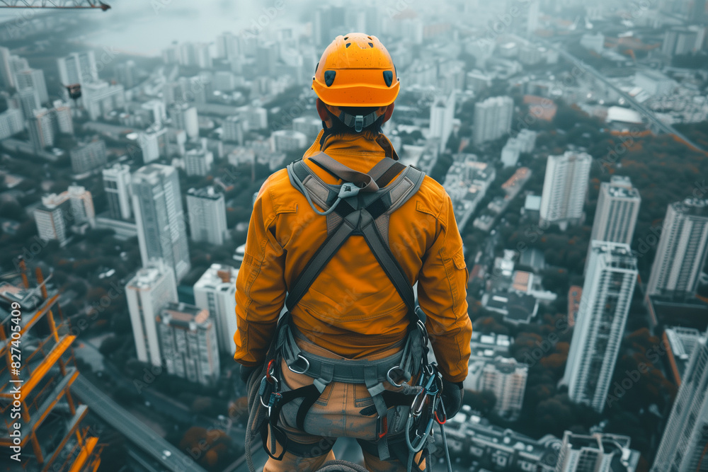 construction worker on a construction site: construction worker in an orange jacket and helmet stands on a skyscraper overlooking the city construction worker on a construction site: construction worker in an orange jacket and helmet stands on a skyscraper overlooking the city