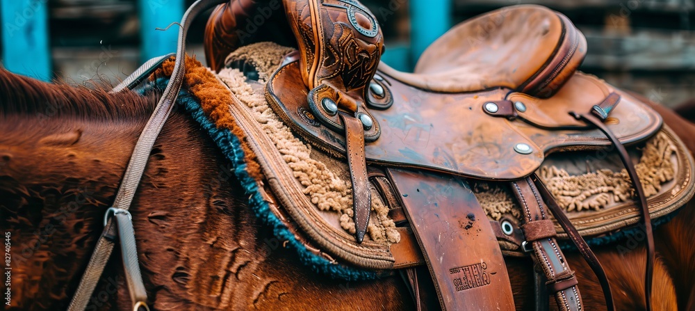 Close up of equestrian saddle and stirrups preparing for competitive ride in summer olympic games Close up of equestrian saddle and stirrups preparing for competitive ride in summer olympic games