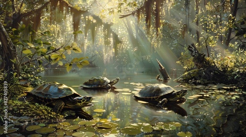 Suwannee cooter turtles basking in the sunlight photo
