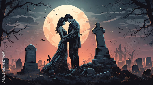 Romantic Lovers at graveyard, night in the moonlight victorian austere romanticism horrific thrilling illustration