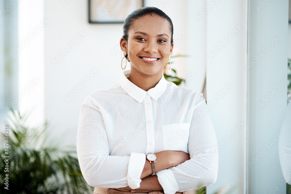 Happy, young woman and arms crossed in portrait for confidence and ambition in career as personal assistant. Smile, female person and secretary with pride, dedication and commitment to company Happy, young woman and arms crossed in portrait for confidence and ambition in career as personal assistant. Smile, female person and secretary with pride, dedication and commitment to company