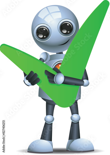 3D illustration of a little robot  carry green right check symbol on isolated white background