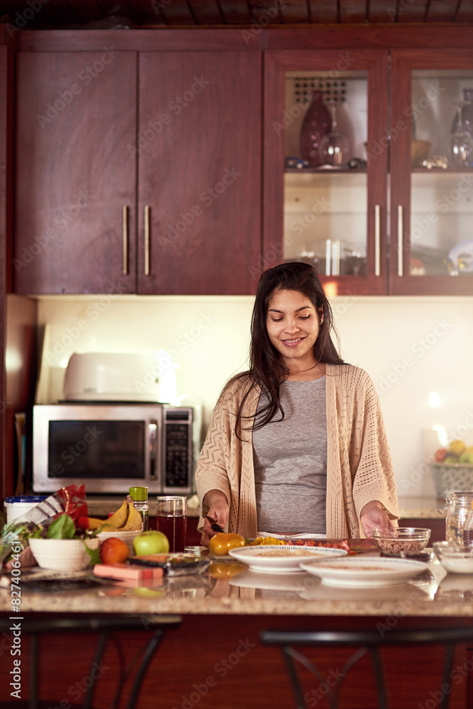Happy, woman and healthy ingredients in kitchen cooking for morning meal, vegan breakfast and eating in home. Female person, smile and food or vegetables on counter for organic snack or hungry
