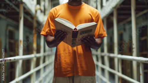 A man in an orange shirt is reading a book in a prison cell