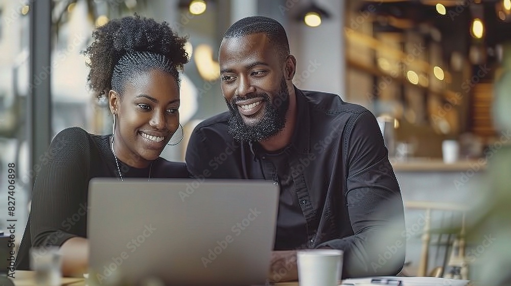 A confident business man and woman strategizing together in a collaborative workspace, their laptops reflecting a shared vision for success A confident business man and woman strategizing together in a collaborative workspace, their laptops reflecting a shared vision for success