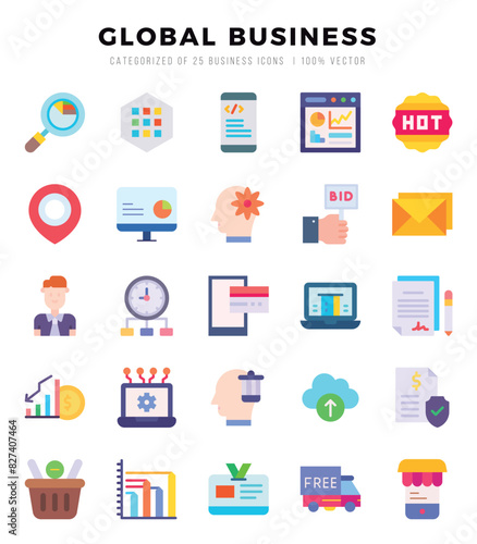 Global Business Flat icons collection. Flat icons pack. Vector illustration