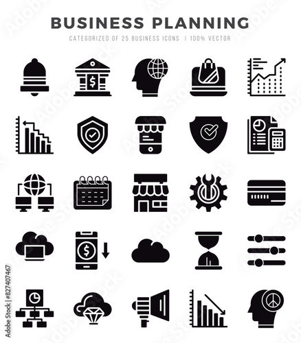 Simple Set of Business Planning Related Vector Glyph Icons.