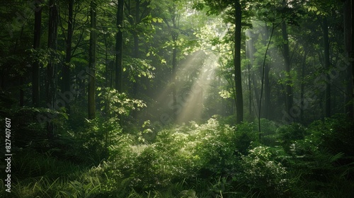 Image of a woodland setting with verdant trees and sunlight peeking through the foliage