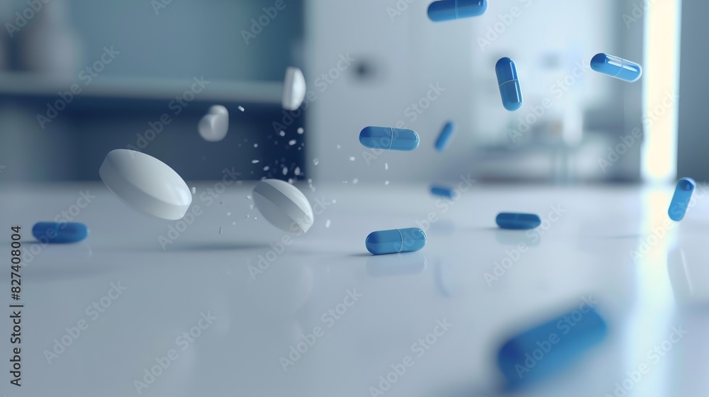 White and blue pills on white background close up White and blue pills on white background close up