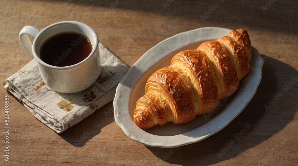 A Photorealistic Image of a Croissant with Sesame Seeds Resting on a Ceramic Plate with a Pat of Melting Butter. Sunlight Filters Through the Window, Casting Warm Light on the Worn Wooden Kitchen Coun A Photorealistic Image of a Croissant with Sesame Seeds Resting on a Ceramic Plate with a Pat of Melting Butter. Sunlight Filters Through the Window, Casting Warm Light on the Worn Wooden Kitchen Coun