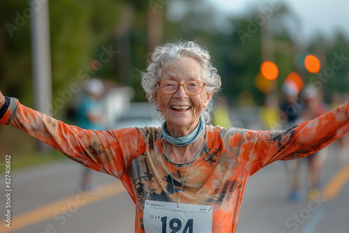 senior adult runner at the finish line photo