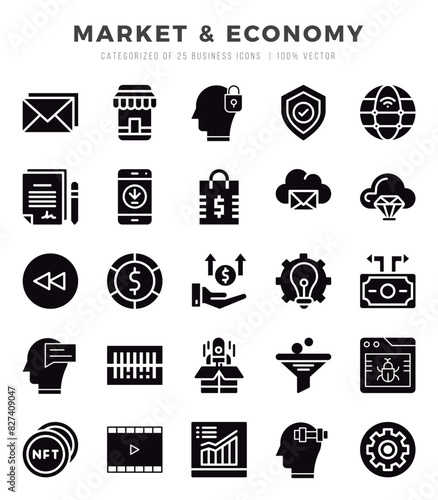 Market & Economy Icons Pack. Glyph icons set. Glyph icon collection set.