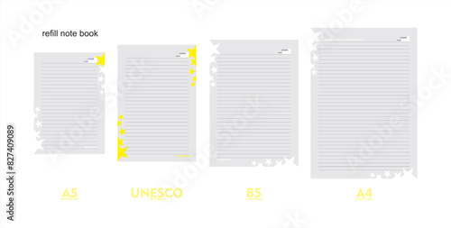 A5, A4, B5 size notebook design with a gray, cream background with star ornaments. vector a set