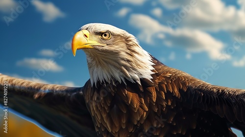 Bald eagle ready to take off into the blue sky