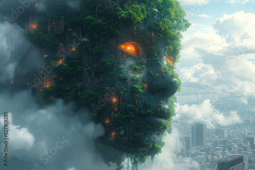 Portrait of a robot with artificial intelligence in the form of a human head covered with green vegetation.