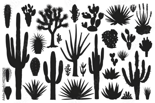 Silhouettes of Desert Plant Species: A Collection of Succulent and Cacti Vector Illustrations