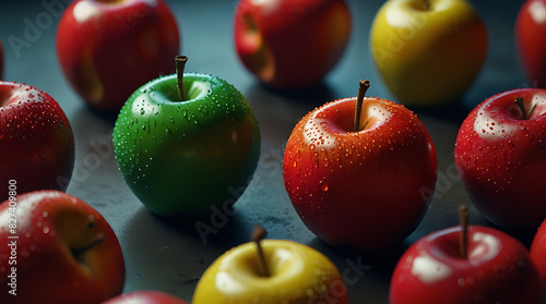 fake plastic apples, synthetically engineered in labs rather than grown from nature's seeds background illustration. - generative AI 
