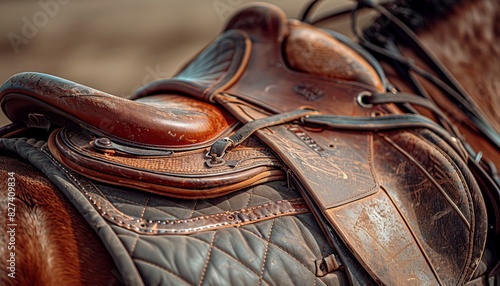 Detailed equestrian gear close up preparing for competitive ride at summer olympics