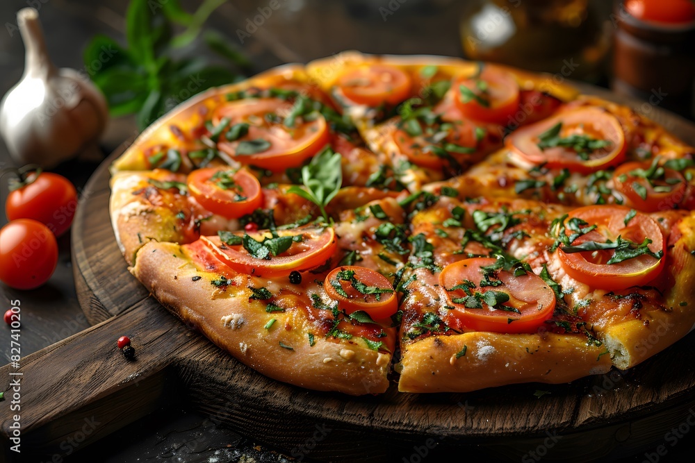 Freshly Baked Margherita Pizza with Tomato, Basil, and Mozzarella - Perfect for Italian Cuisine Posters, Menus, and Food Blogs Freshly Baked Margherita Pizza with Tomato, Basil, and Mozzarella - Perfect for Italian Cuisine Posters, Menus, and Food Blogs