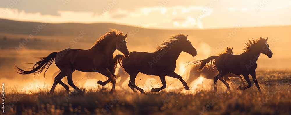 Naklejka premium Wild horses running at sunset in open landscape.