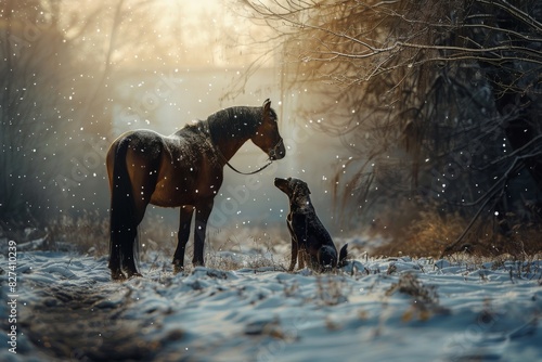 Horses, feeding on grass at high-land pasture at Carpathian Mountains in rays of sunset. Beautiful simple AI generated image in 4K, unique.