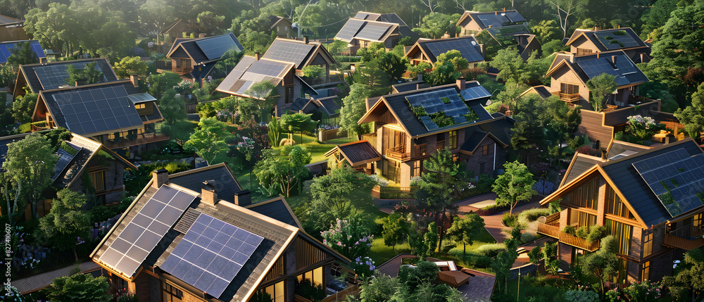 Obraz premium An eco-village featuring homes with solar panel-covered rooftops, all working together to capture sunlight and create a sustainable community power grid