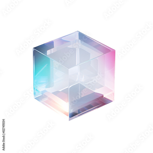 An isometric glass crystal iridescent cube floating in the air on an isolated background