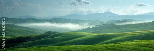 Wide wallpaper background image of long empty grass mountain valley landscape with beautiful greenish grass field and blue sky with white clouds