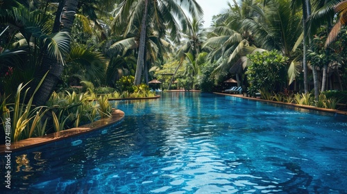 The blue water swimming pool and vibrant palm trees can be seen on the premises