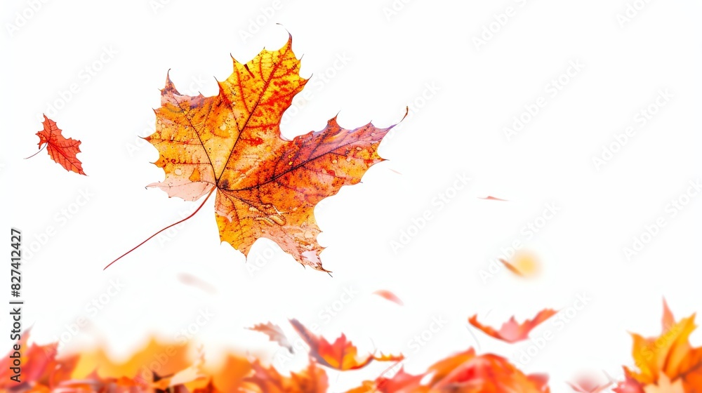 floating maple leaf in the air, isolated on white background, close up, vibrant colors, Double exposure silhouette with autumn scene floating maple leaf in the air, isolated on white background, close up, vibrant colors, Double exposure silhouette with autumn scene