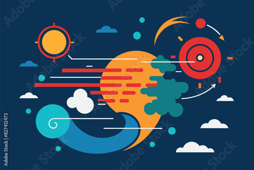 Stylized depiction of weather elements and atmospheric conditions. Visually summarizes various meteorological elements and can be useful for educational purposes to explain weather phenomena